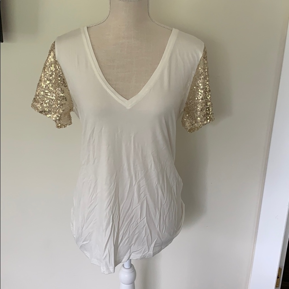 White Top with Gold Sequin Sleeves